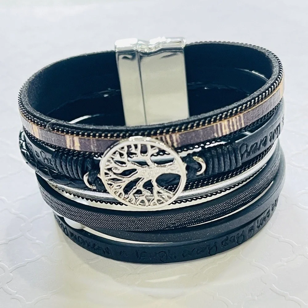 Multilayer Leather Bangle Magnetic Clasp Bracelet for Men or Women 7.5in‎ Black